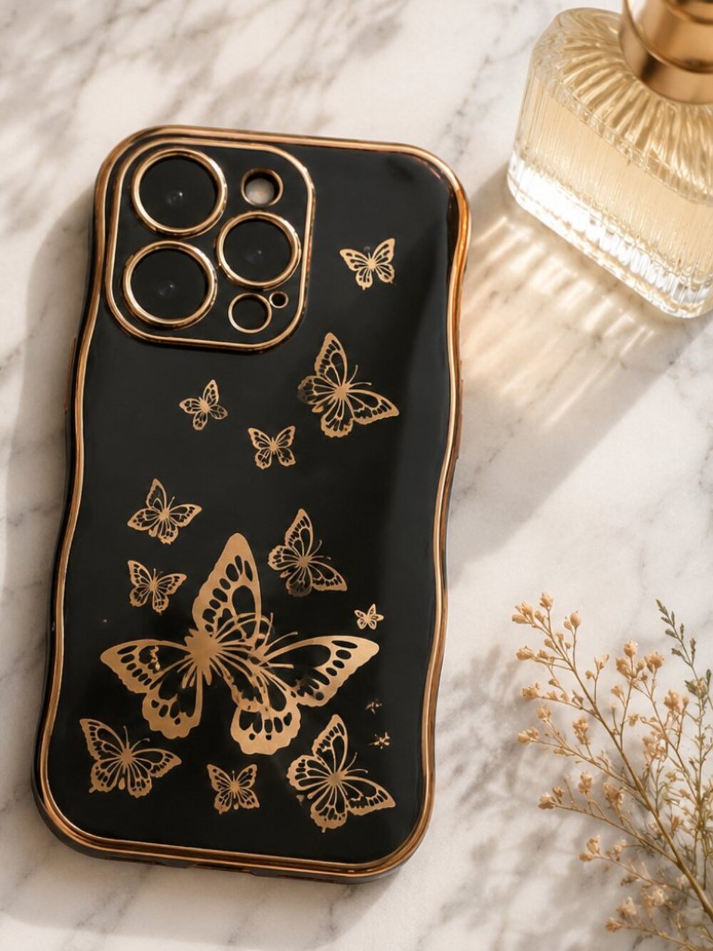 iPhone 14 Pro Max Butterfly Case Gold Trim Clear Black Aesthetic Cute Protective